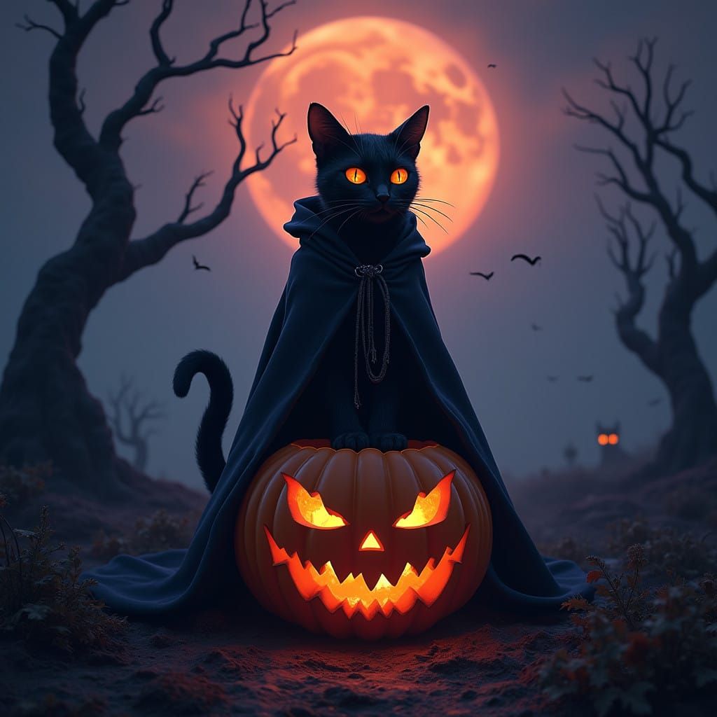 Regal Black Cat on Jack-o'-Lantern Under Indigo Sky
