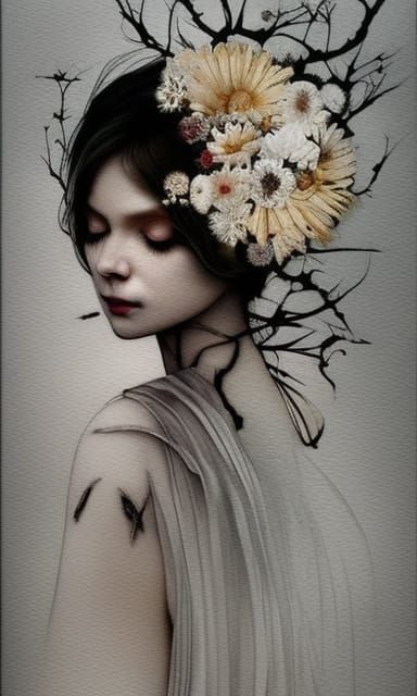 Radiographic Bride with Flowers and Bones, Watercolor Art