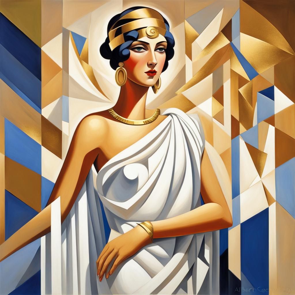 Hera in White Toga: Abstract Cubism Style