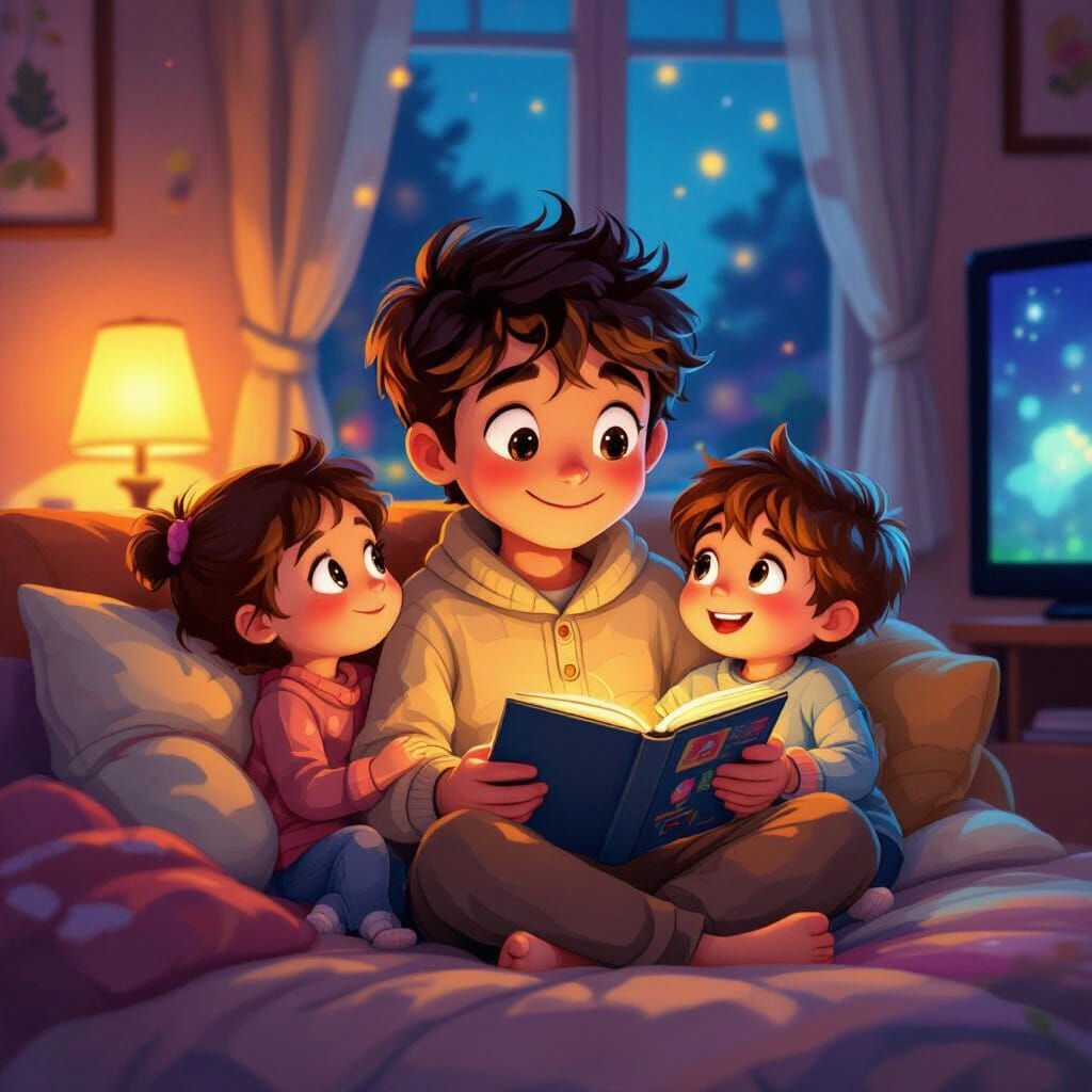 Cartoon Boy's Cozy Family Evening in Cel-Shaded Style