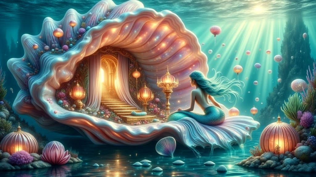 Ethereal Oceanic Paradise in Iridescent Seashell