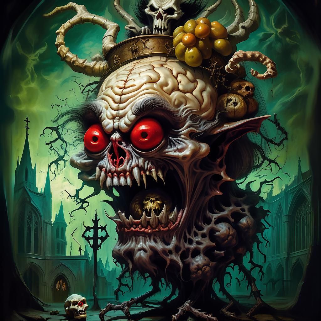 Creepy Brain Krampus in Gothic Cathedral: Digital Oil Painti...