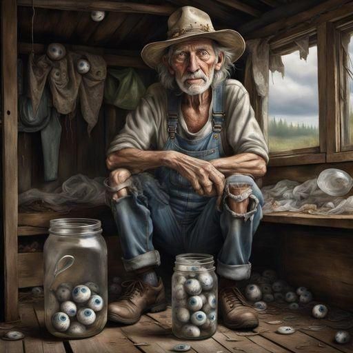 Appalachian Man Holding Eyeballs in Mason Jar