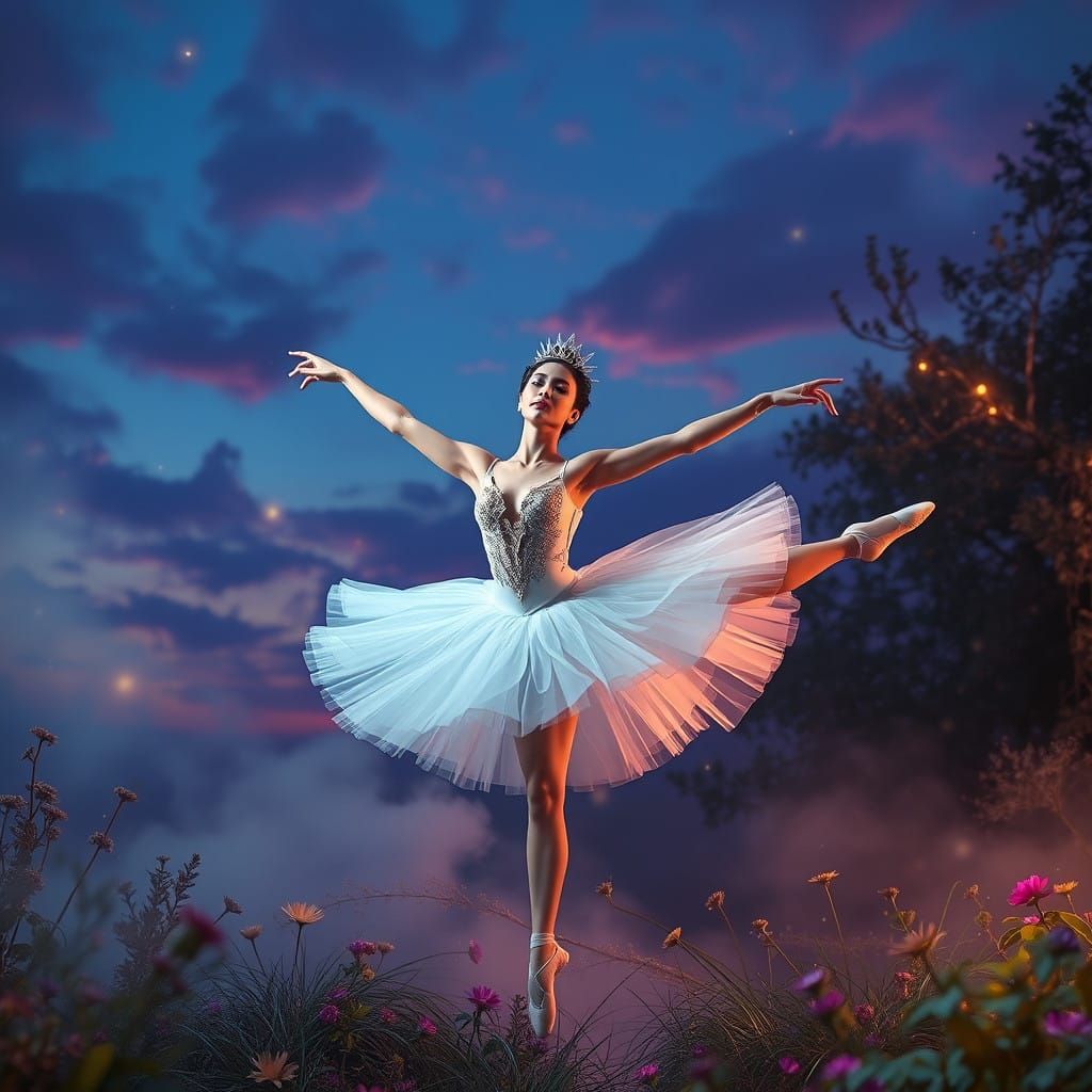 Ethereal Ballerina in a Perfect Split, Amidst Lush Flora and...