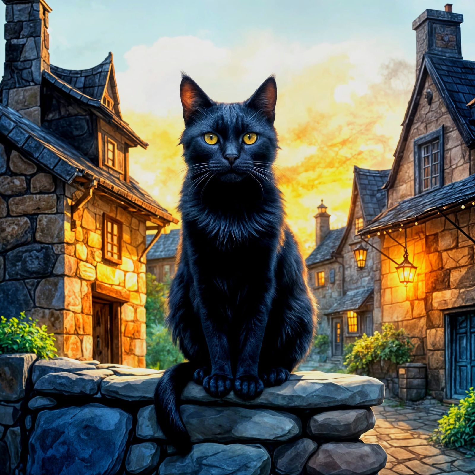 Black Cat on Stone Wall in Watercolor Style