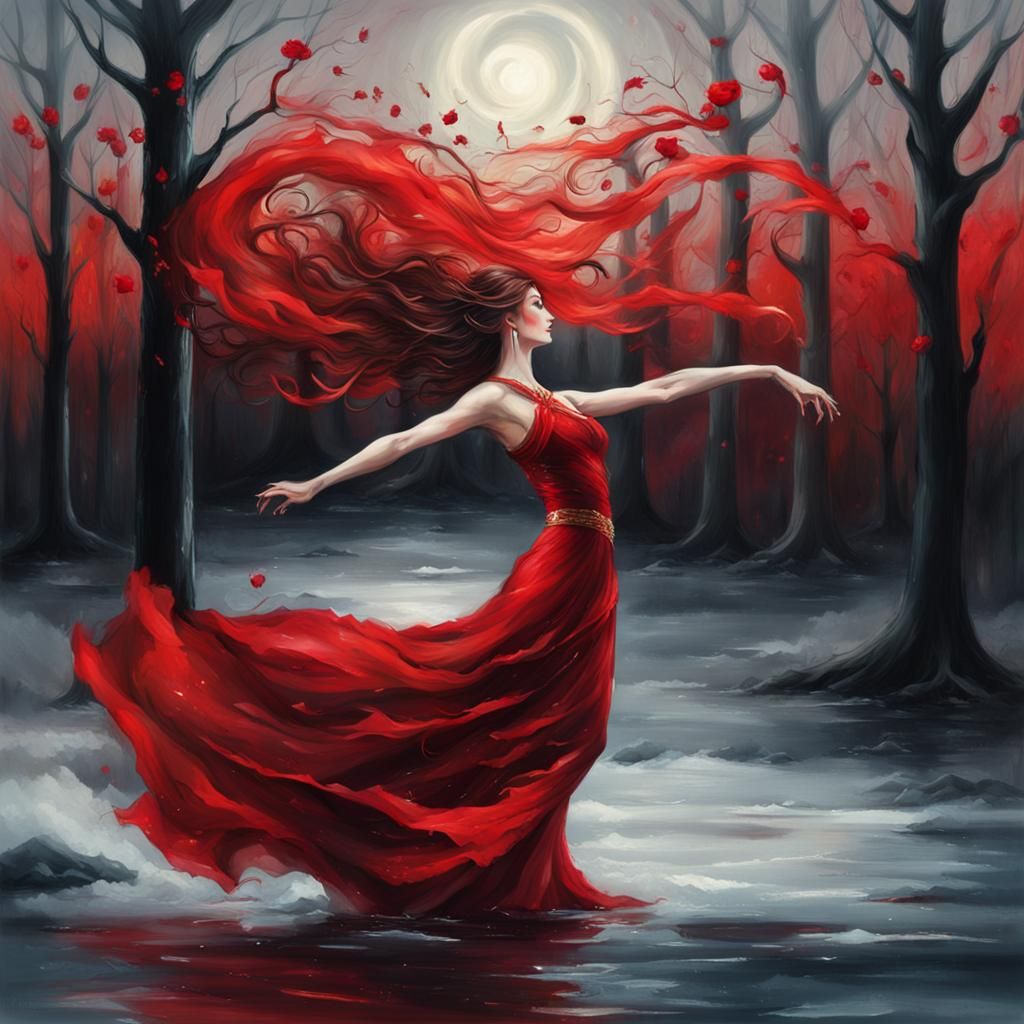 Fiery Dancer: A Liquid Silk Ballet in Moonlight