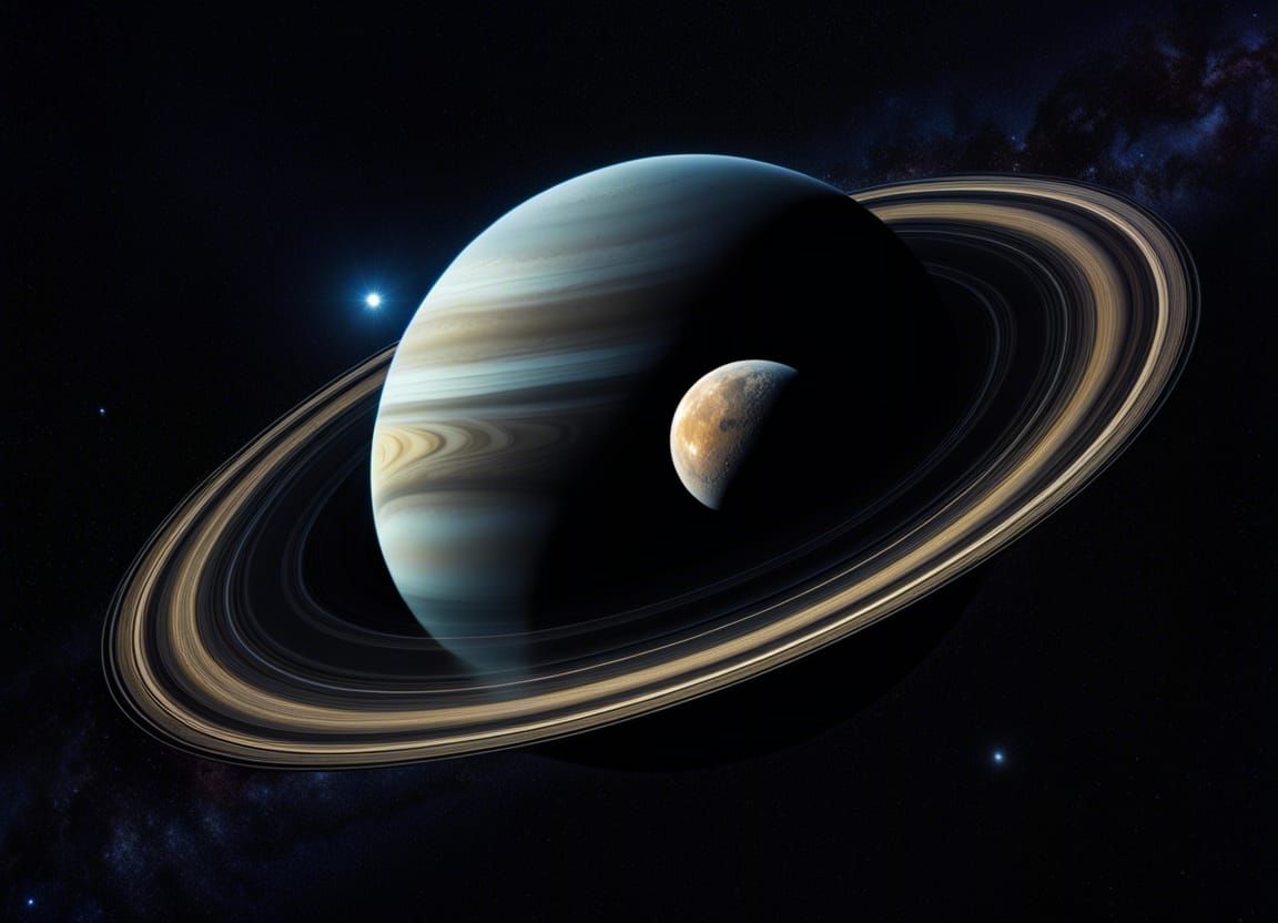 Cosmic Moon Passing Saturn's Rings in Space