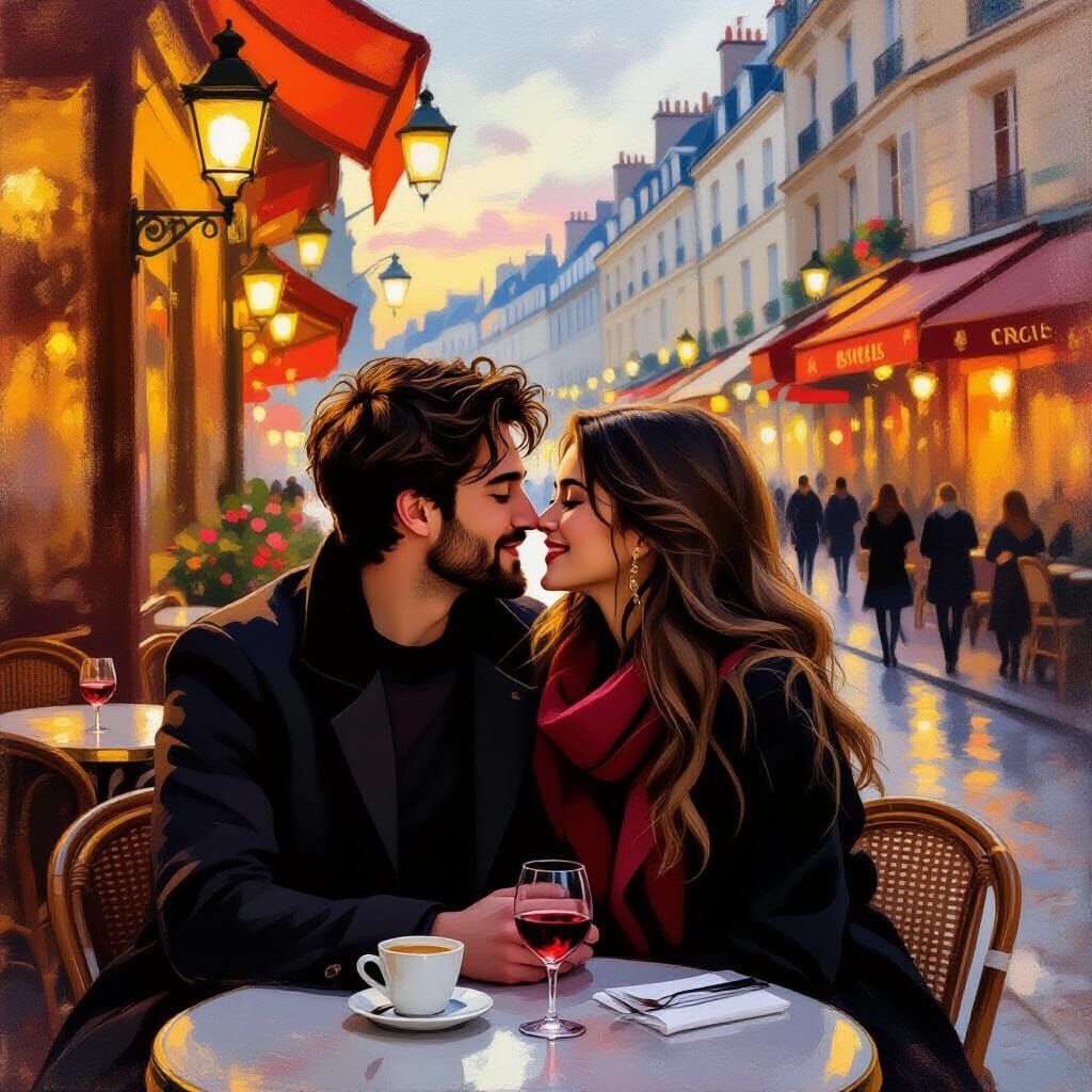 Couple Kissing Sweetly In Parisian Cafe Oil Painting Style
