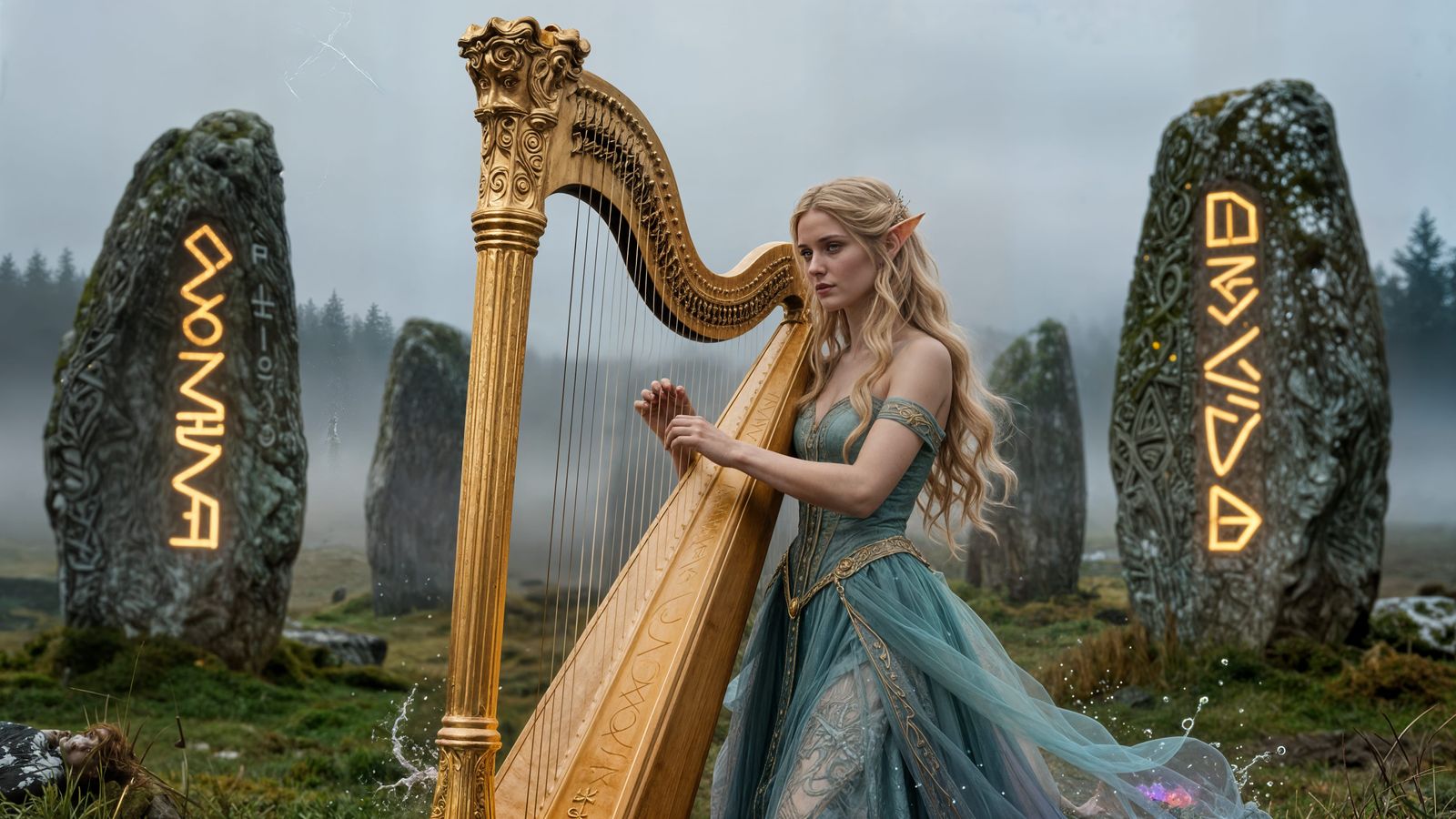 Ancient Celtic Stones with Glowing Runes in Misty Scotland