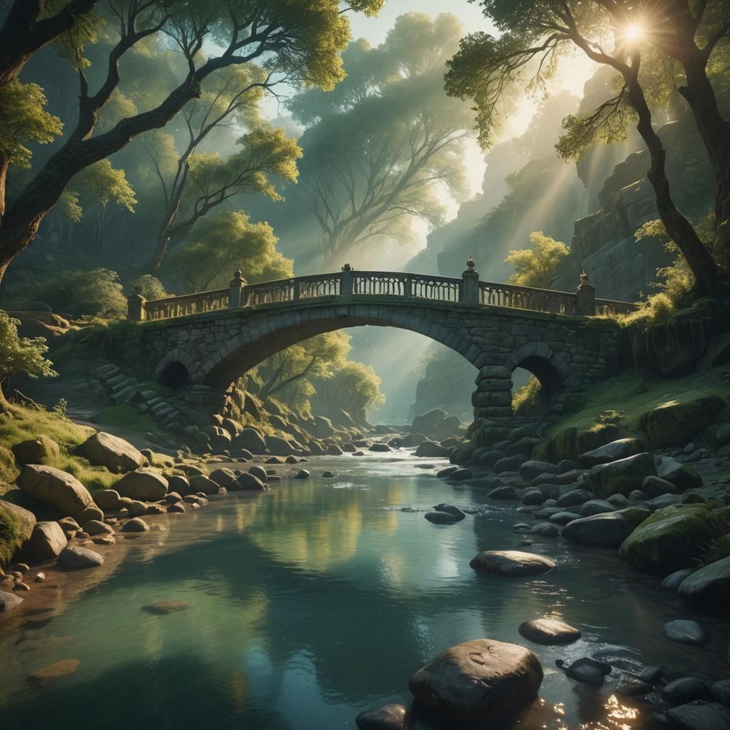 Mystical Bridge Over Serene River: Matte Painting