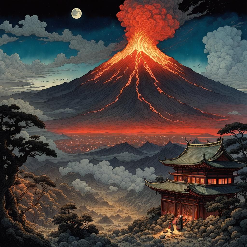 Volcano Eruption in Japan, Anime Art Style