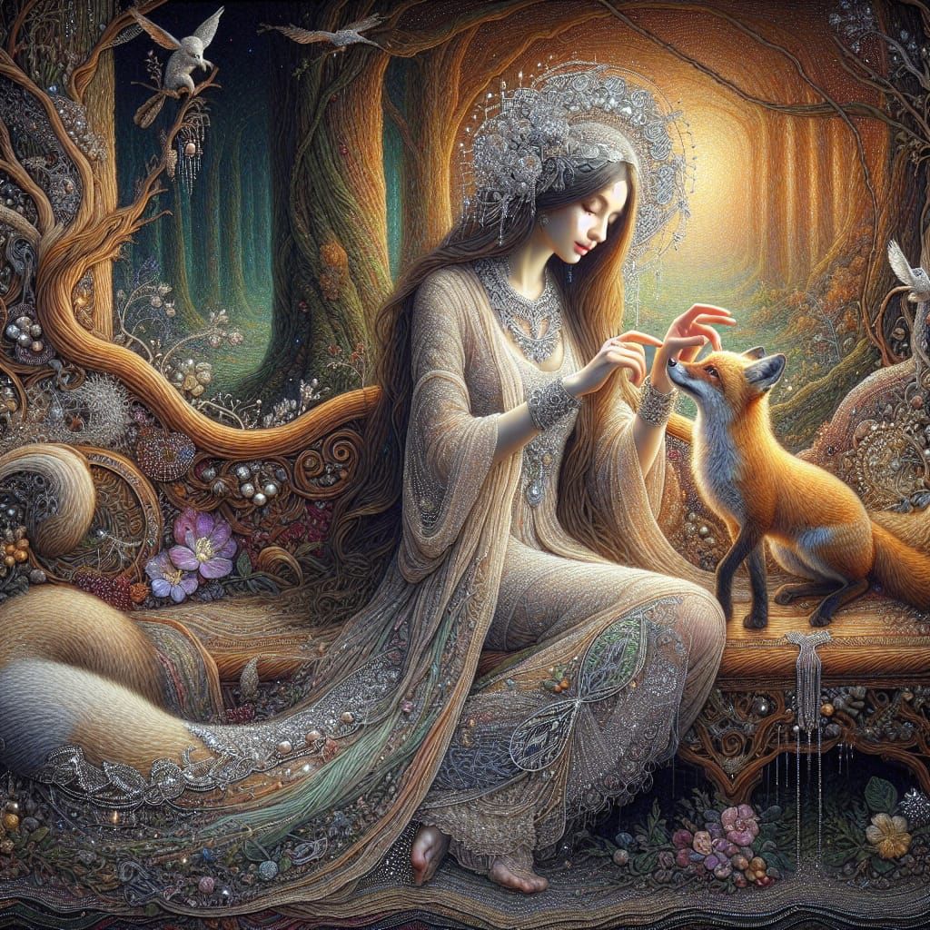 Girl with Fox in Forest: Intricate Thread Art