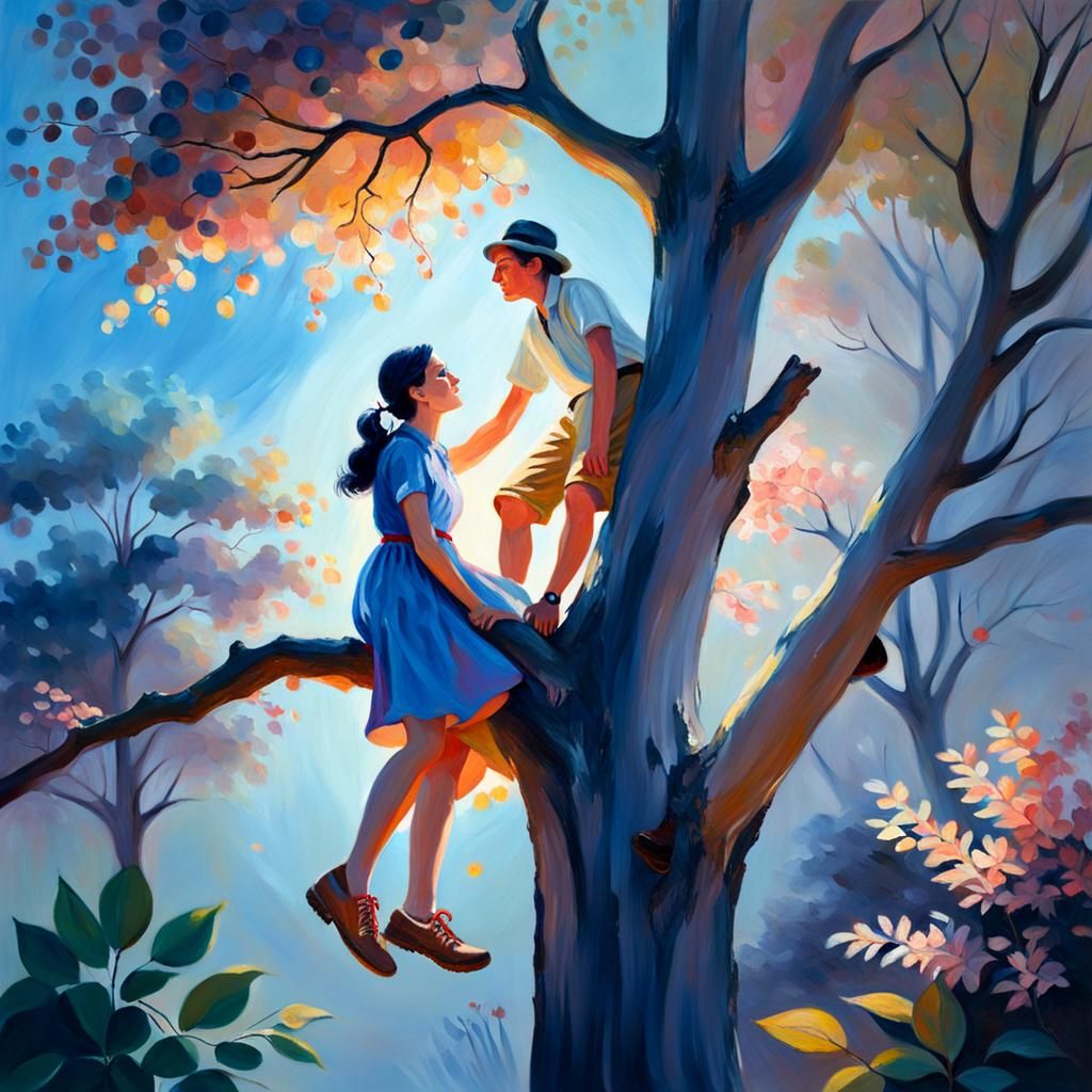 Old Man Climbing Tree in Impressionist Oil Painting