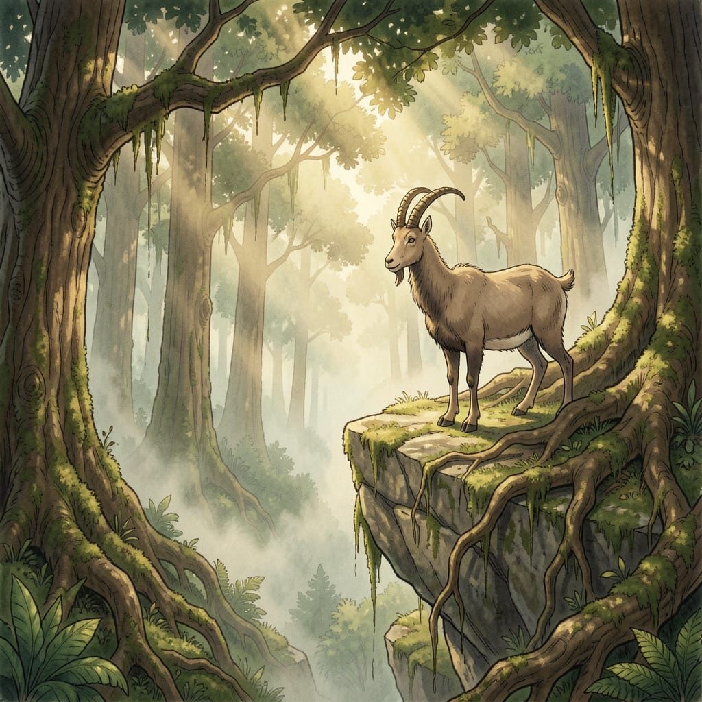 Majestic Mountain Goat Overlooks Misty Ancient Forest