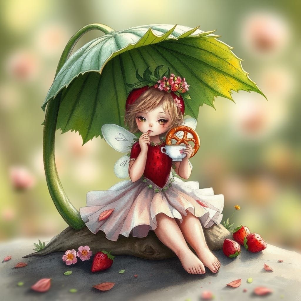 Strawberry Fairy's Serene Delight: Whimsical Illustration
