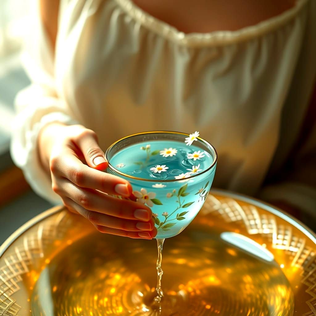 Hyper-Realistic Woman Holding Waterfall Cup in Soft Gentle L...