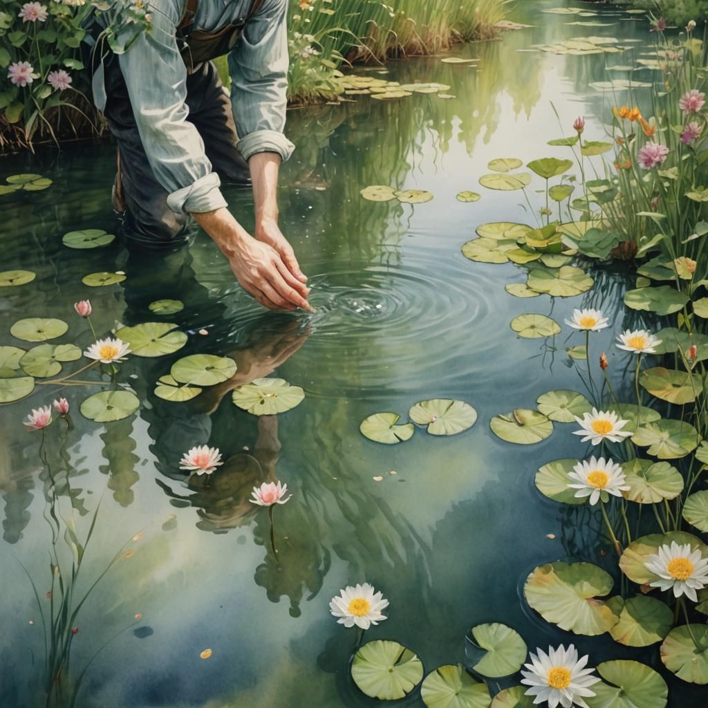 Intimate Watercolor of Hand in Pool with Flowers