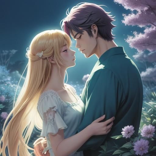 Lovers Embrace in Moonlit Garden: Anime Style