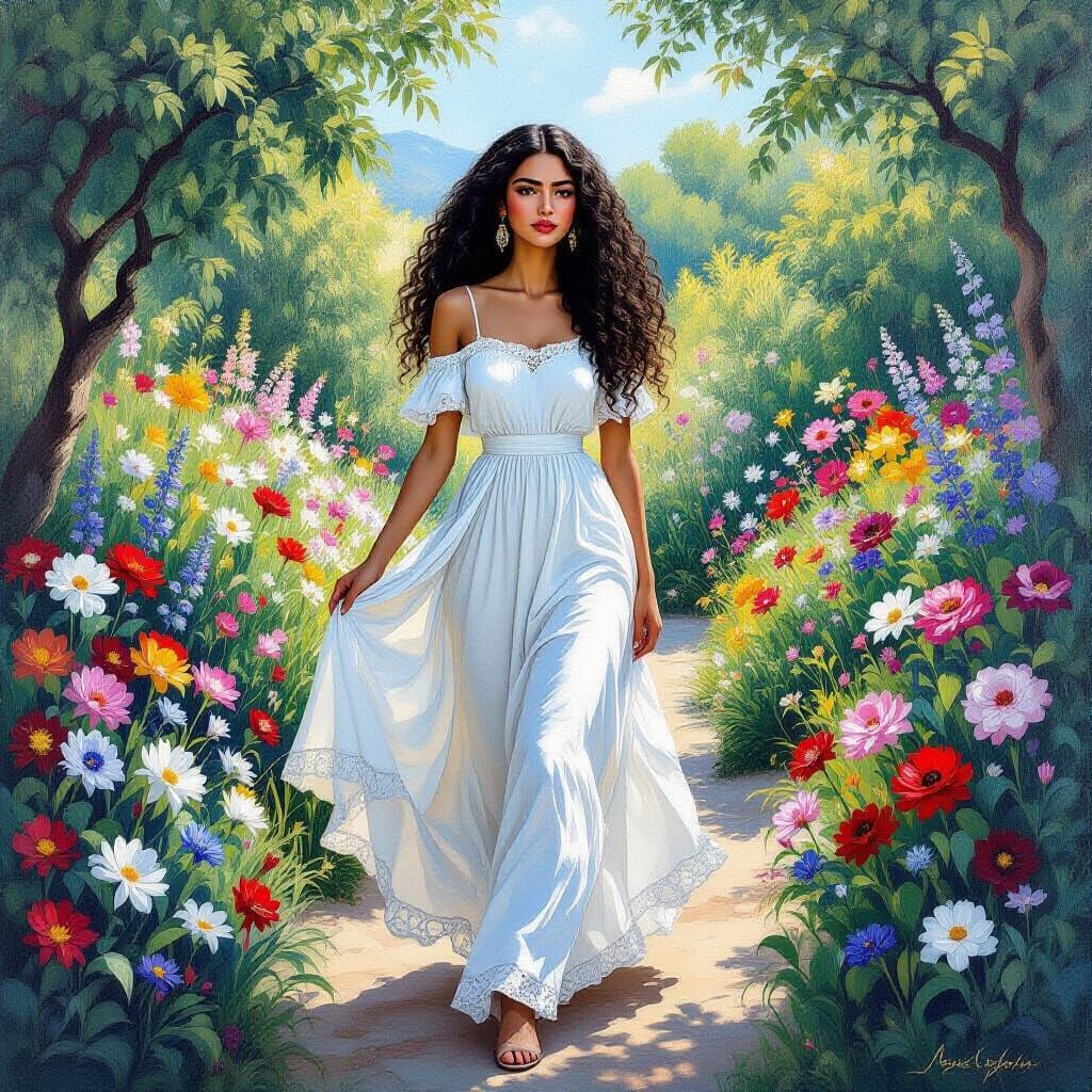 Woman in Floral Garden: A Naive Surrealist Painting