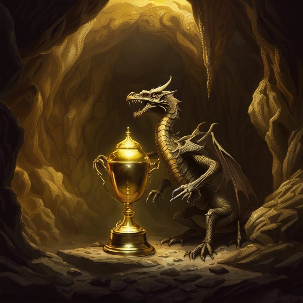 Dragon Guarding Golden Trophy in Dark Cave
