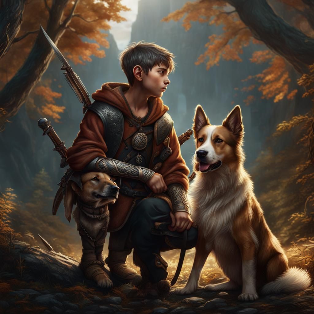 Boy with Runic Tattoos and Hunting Dog