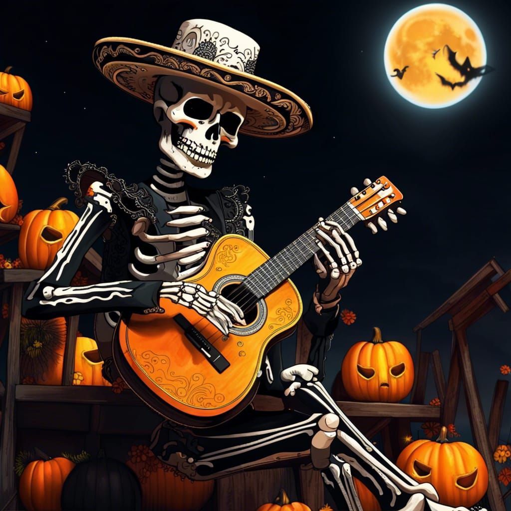 Mariachi Skeleton Guitarist in Detailed Matte Painting