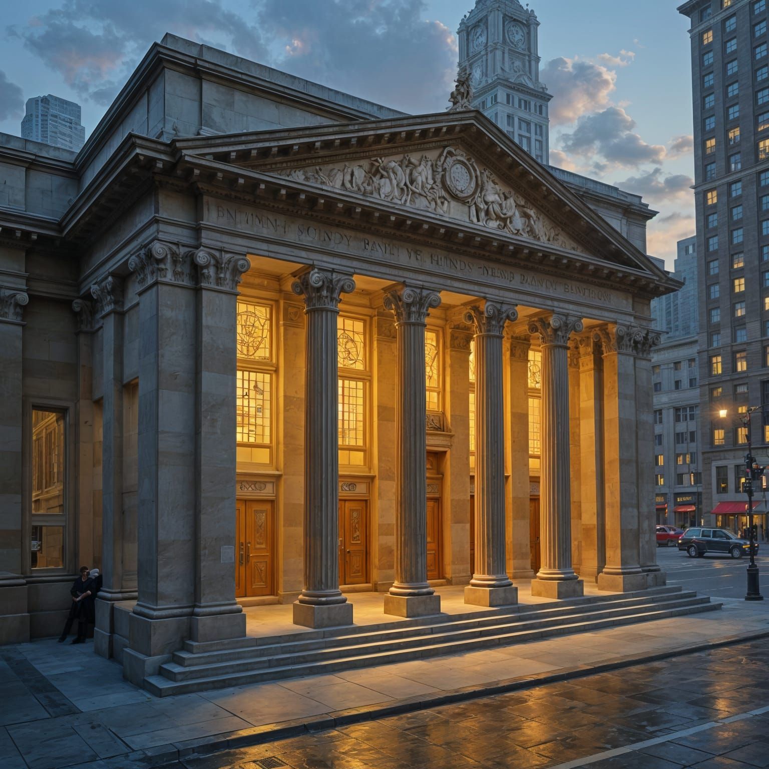 Elegant Neoclassical Bank at Dusk