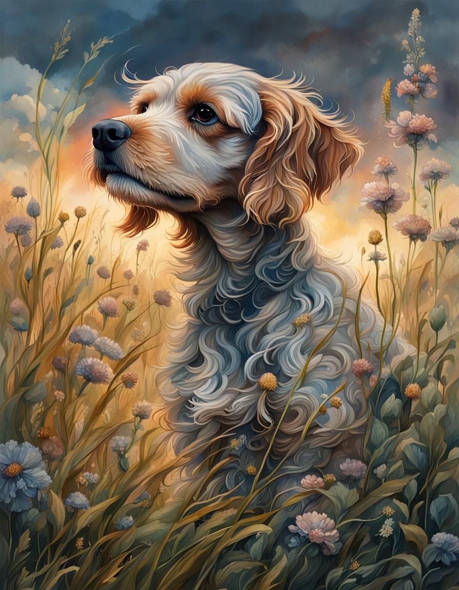 Fawn Cockapoo Dog in Wildflower Field Painting