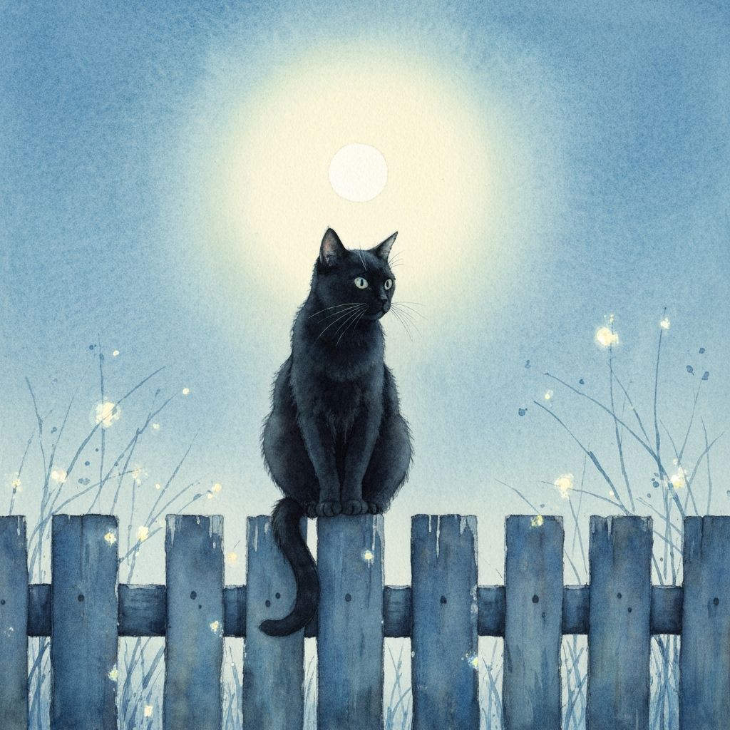 Black Cat on Fence Under Ethereal Moonlight