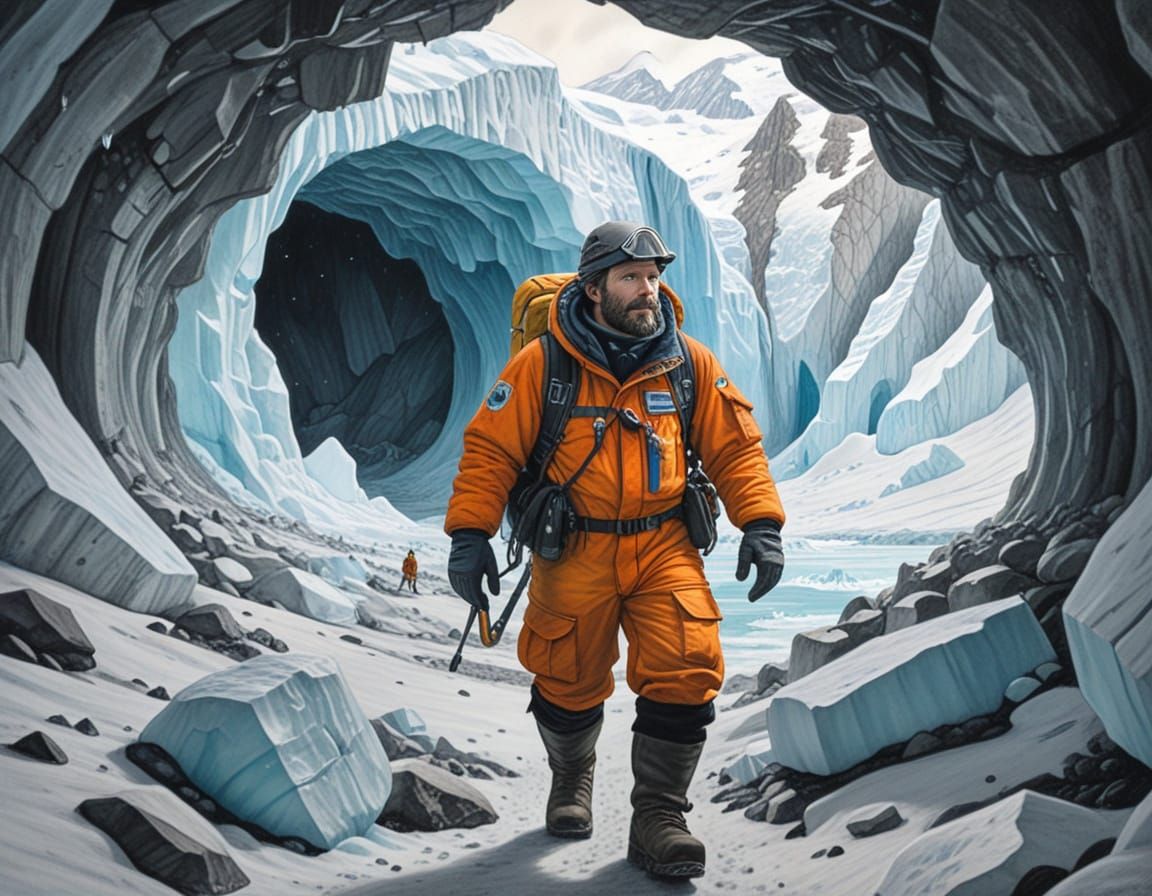 Explorer in Subglacial Antarctic Cave: Cartoon Style