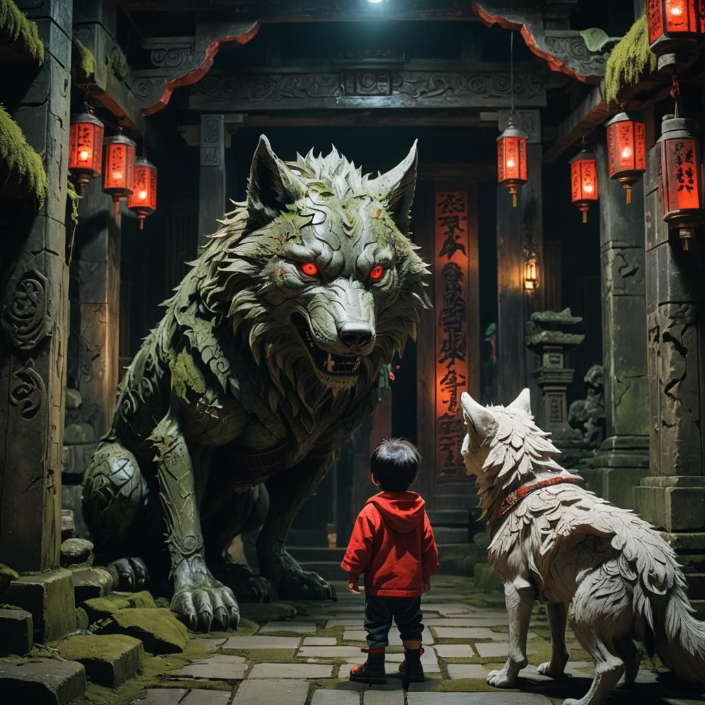 Toddler and Wolf Demon in Dark Japanese Temple