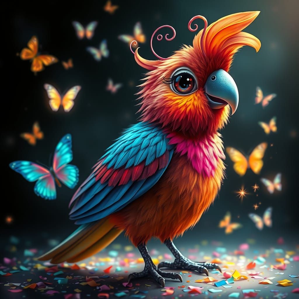 Whimsical Parrot Bird in Vibrant Feathers, Glowing Butterfli...