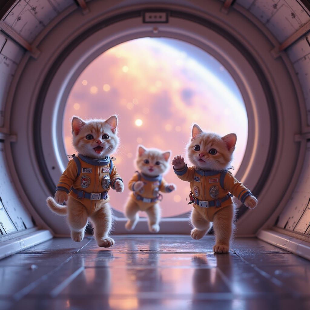 Cute Kittens in Space Suits Explore Pixar-Inspired Spaceship
