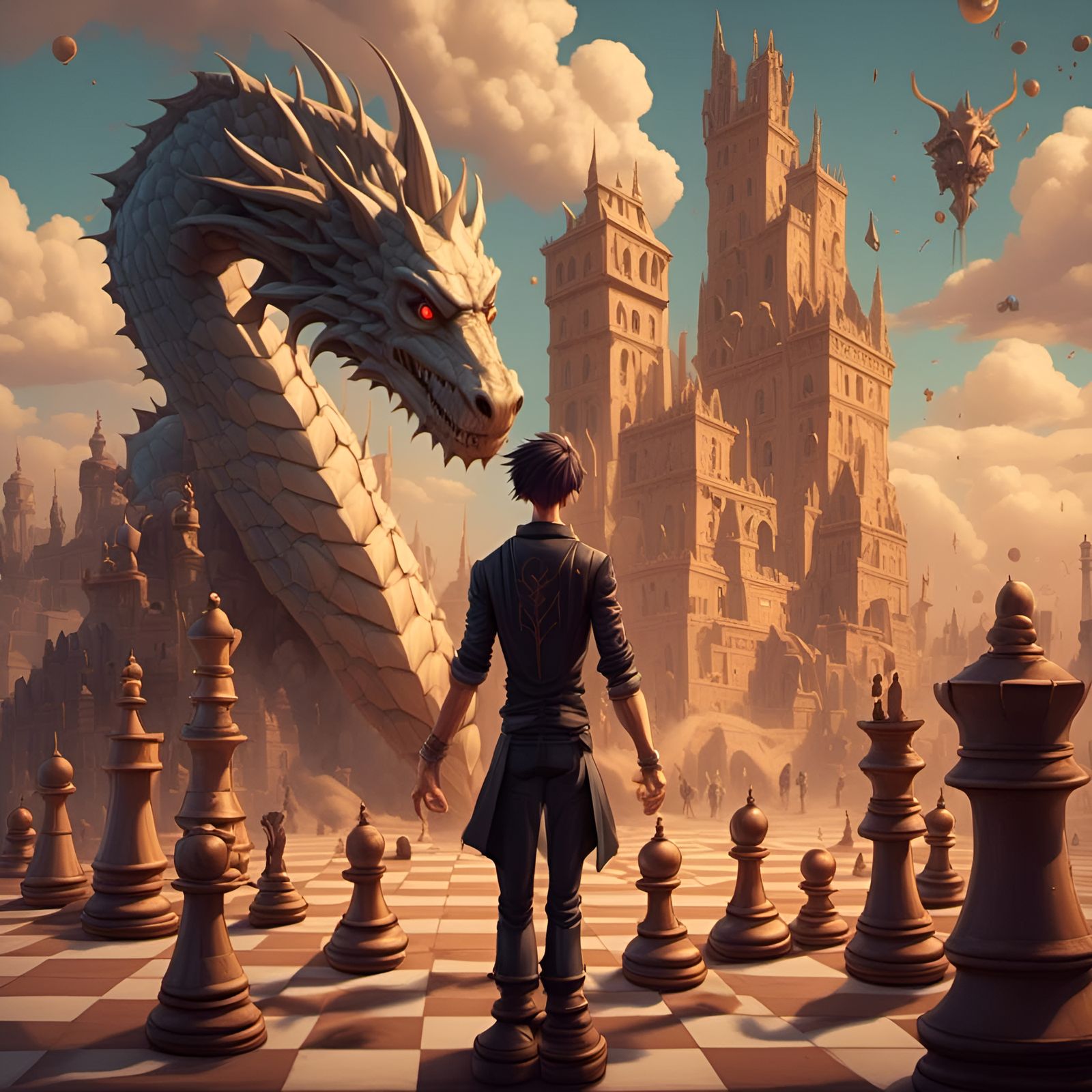 Anime Chess Scene with Robots and Dragons