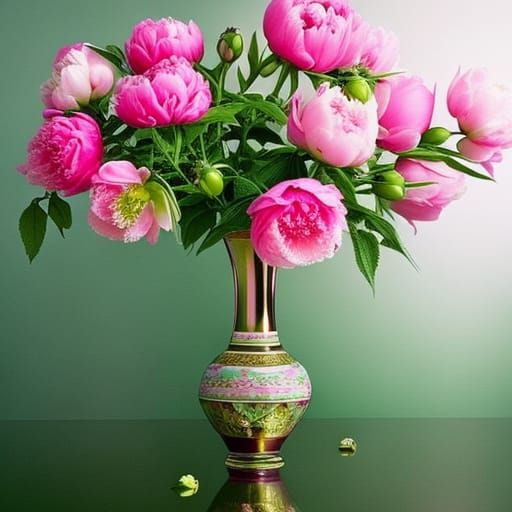 Pink Peonies and Bumblebees in Rococo Style