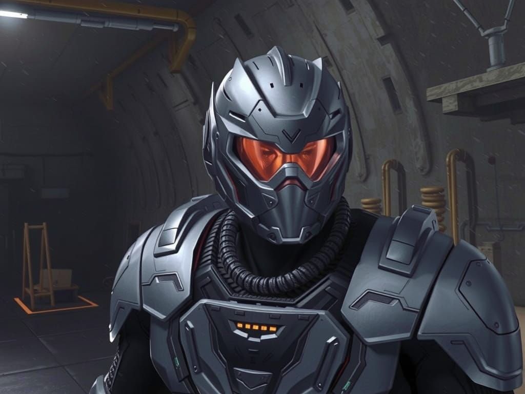 Glowing Soldier in Futuristic Silver Mech Armor