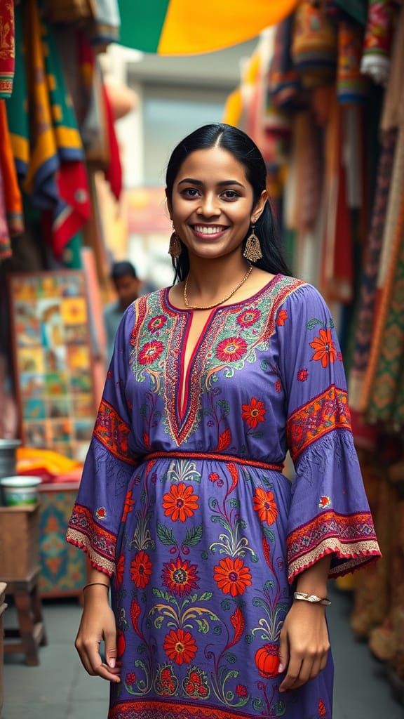 Zahia in Vibrant Marketplace, Impressionist Style