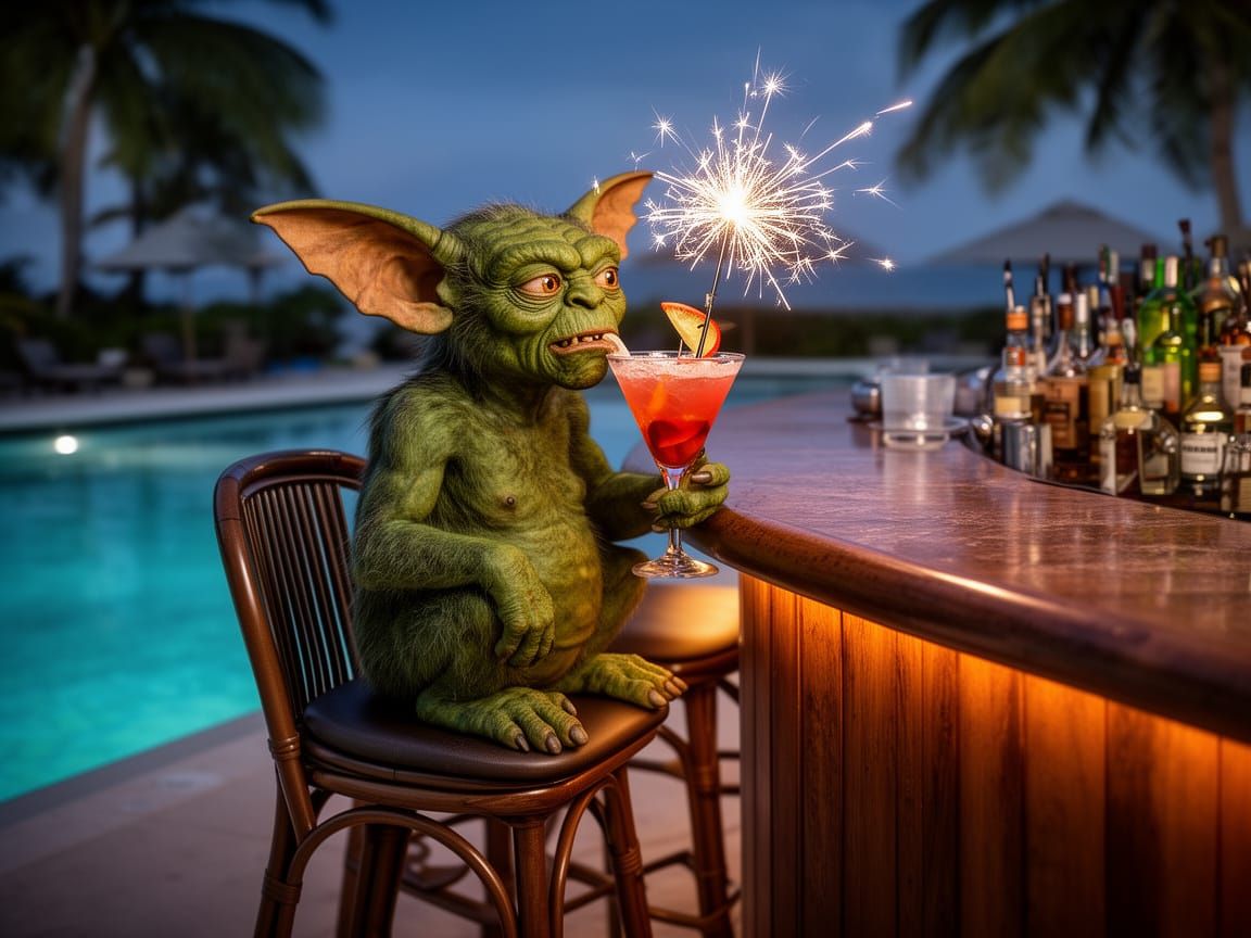 Gremlin Enjoys Cocktail at Poolside Bar in Realistic Photo