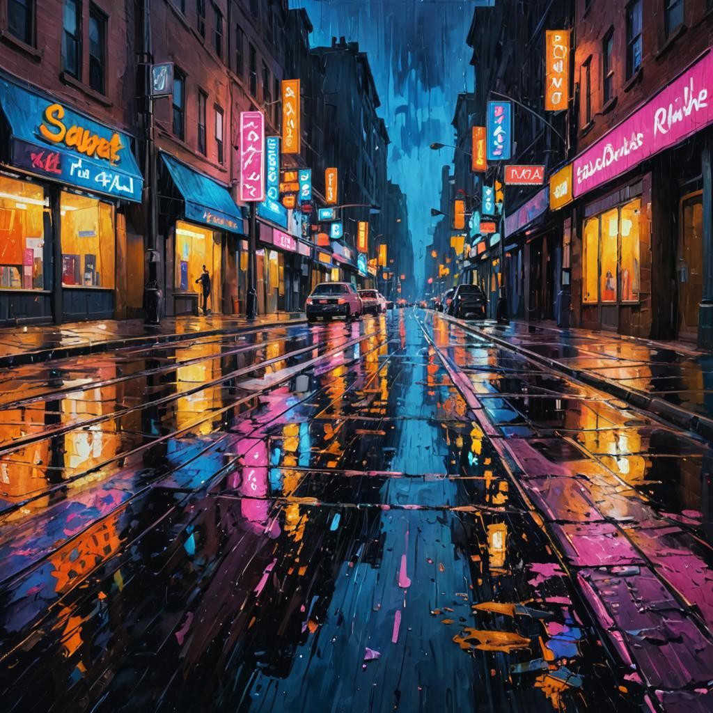 Expressionist Cityscape at Night in Impasto Style