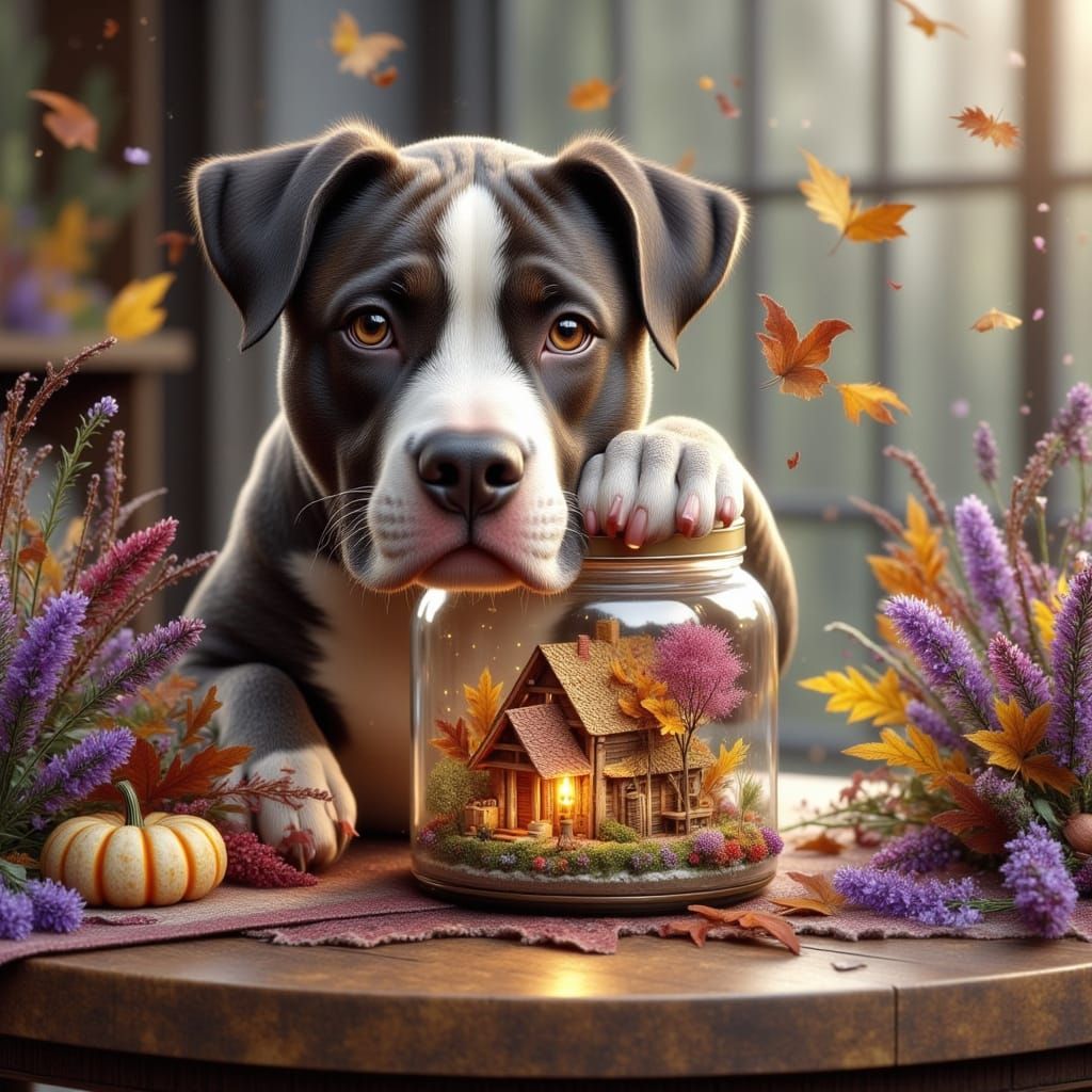 Curious Pitbull Peeks into Autumn Fairy Jar