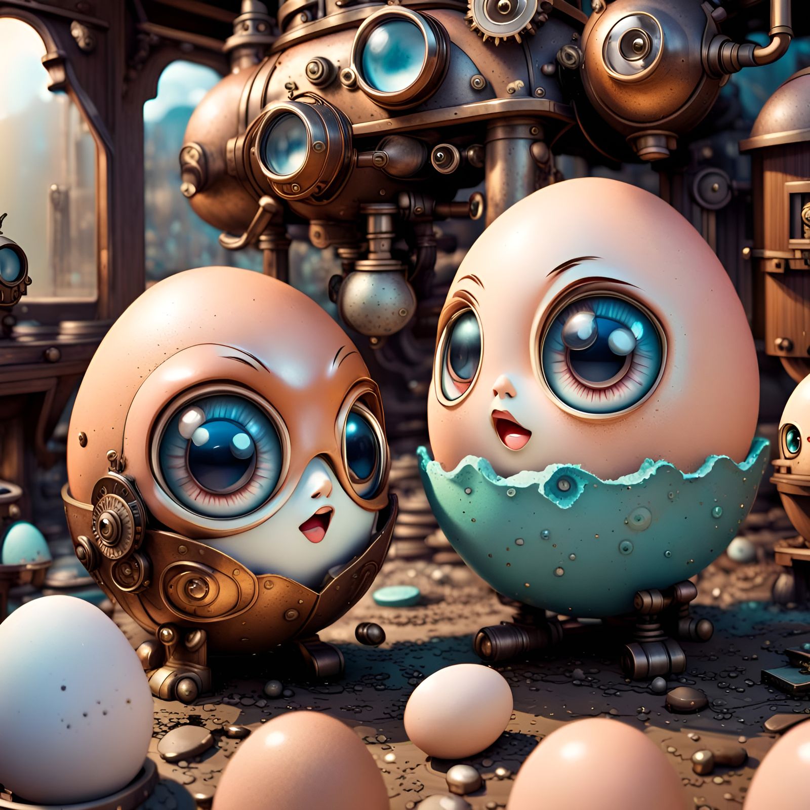 Steampunk Eggs as Chibi Characters in Japanese Art