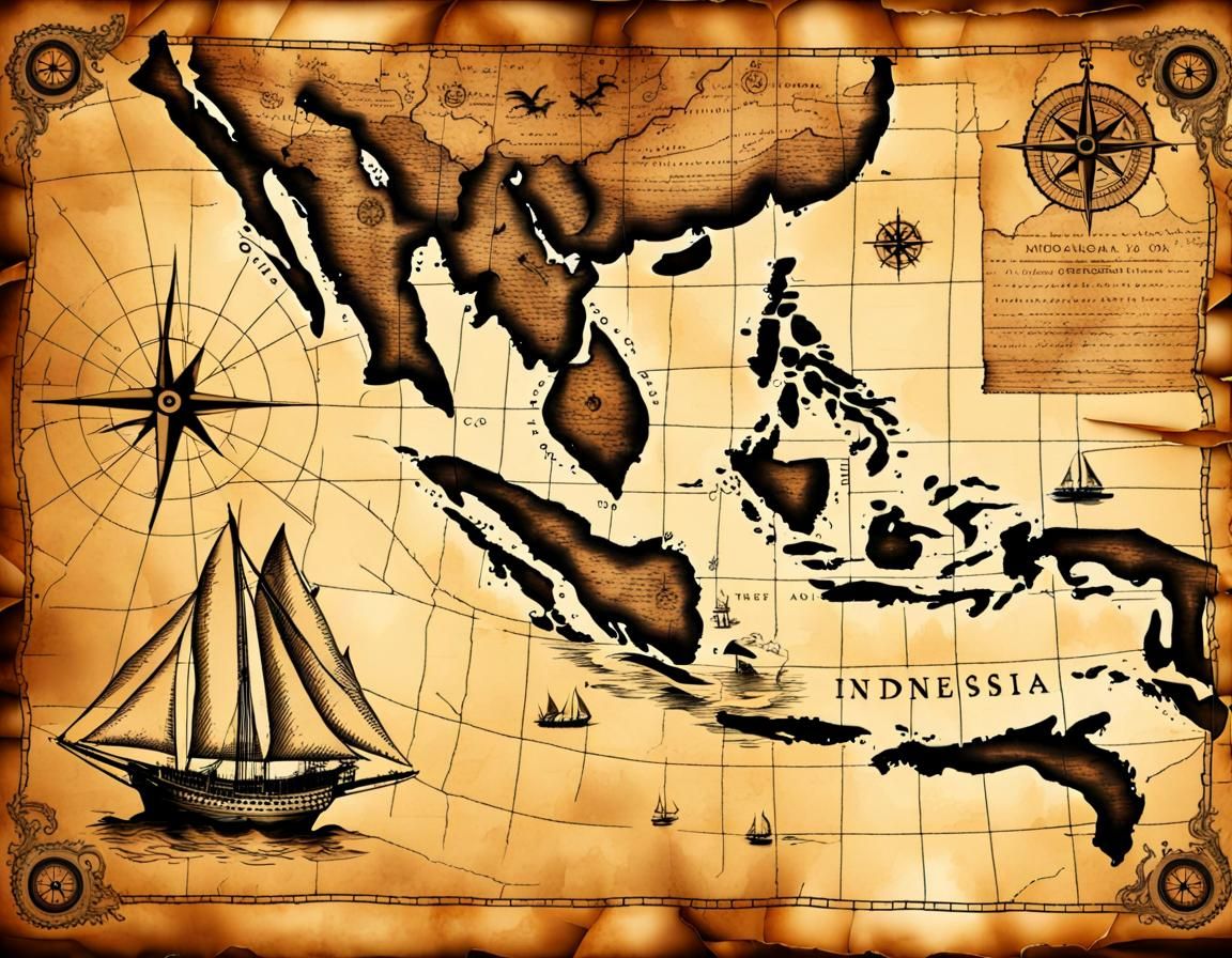 Antique Map of Indonesia with Sea Creatures