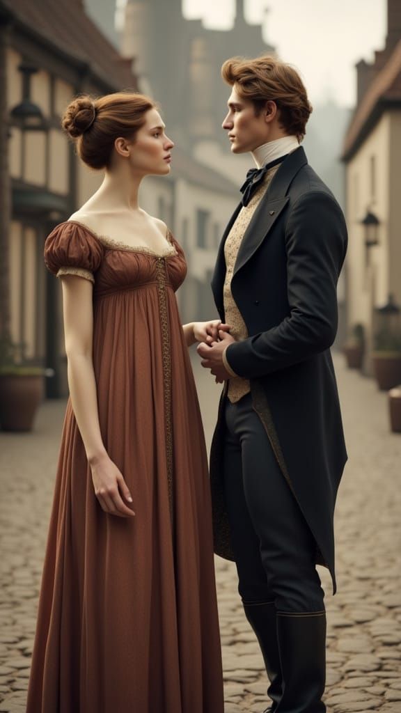Regency Era Couple at Coaching Inn Courtyard