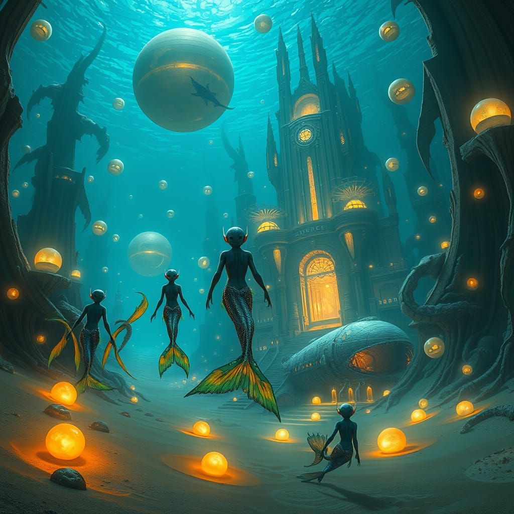 Surreal Underwater Metropolis with Glowing Merfolk and Sea C...