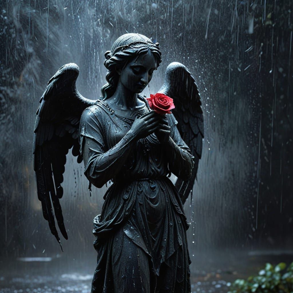 Weeping Angel Silhouette in Rainy Dark Fantasy Art
