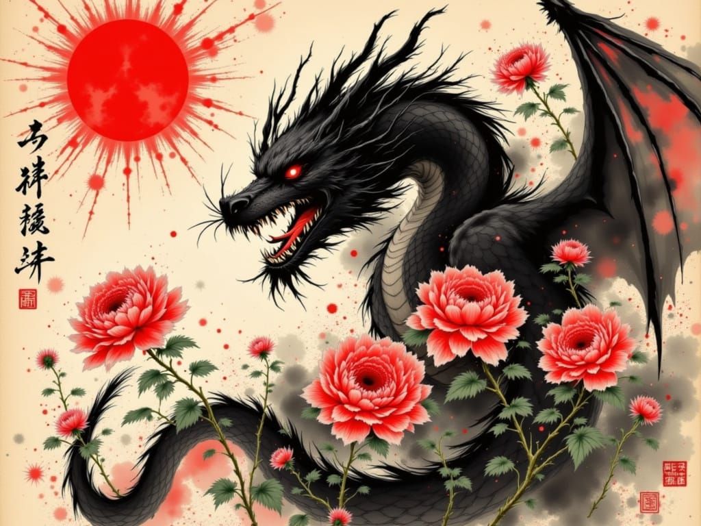 Dragon Unfurls Amidst Vibrant Chrysanthemums in Traditional ...