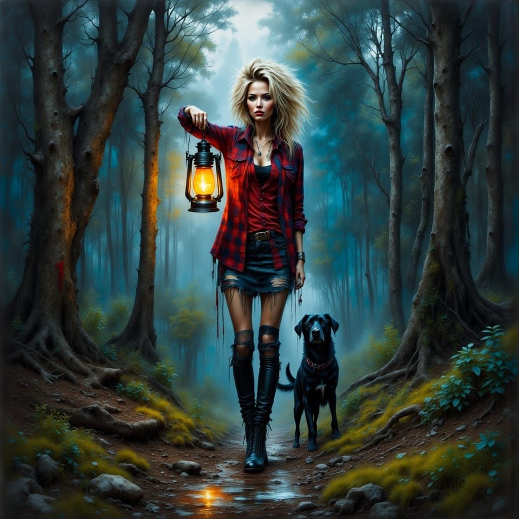 Woman and Dog in Forest with Lantern, Impressionistic Style