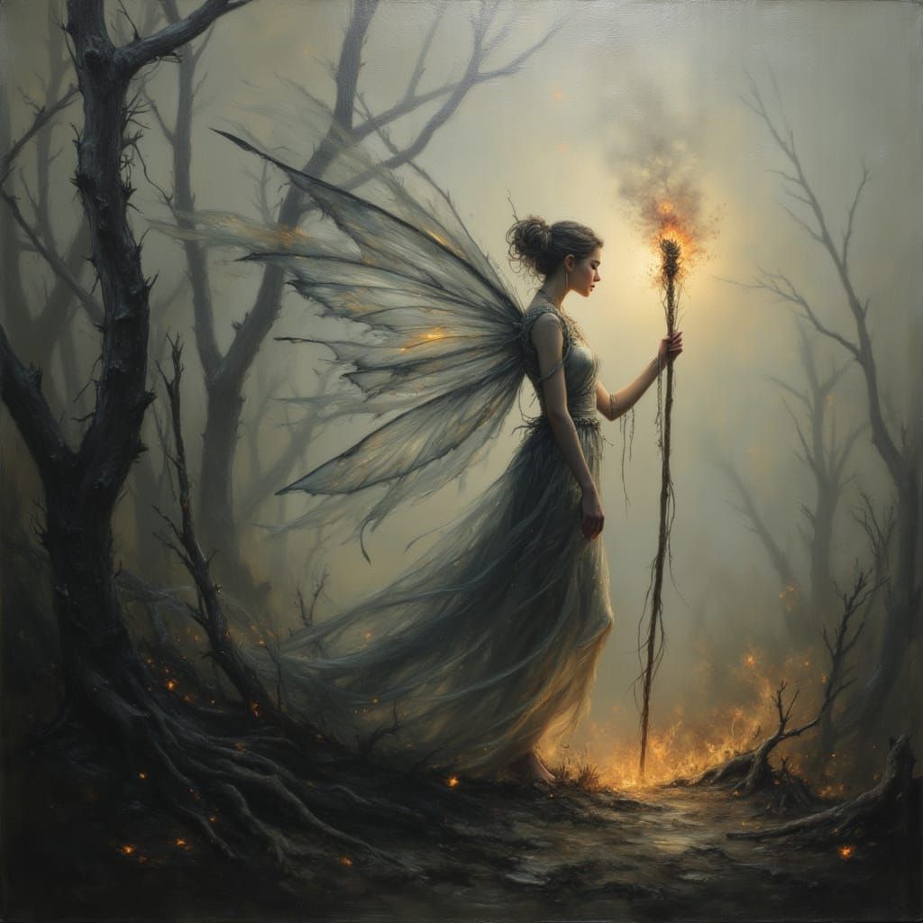 Smoke Fairy Emerges from Dying Fire as Impasto Oil Painting