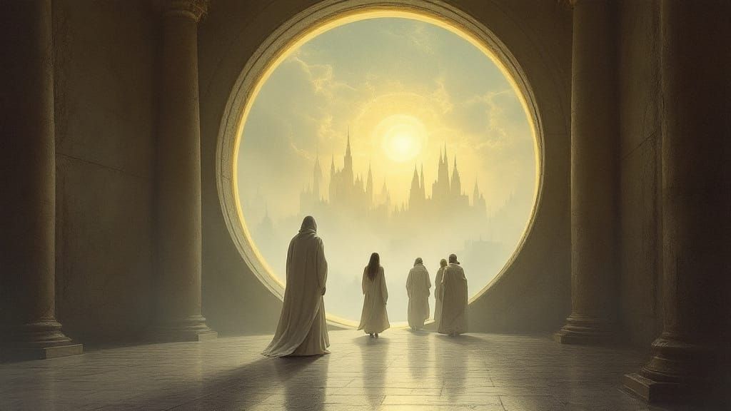 Figures in White Robes Discovering Mystical Portal
