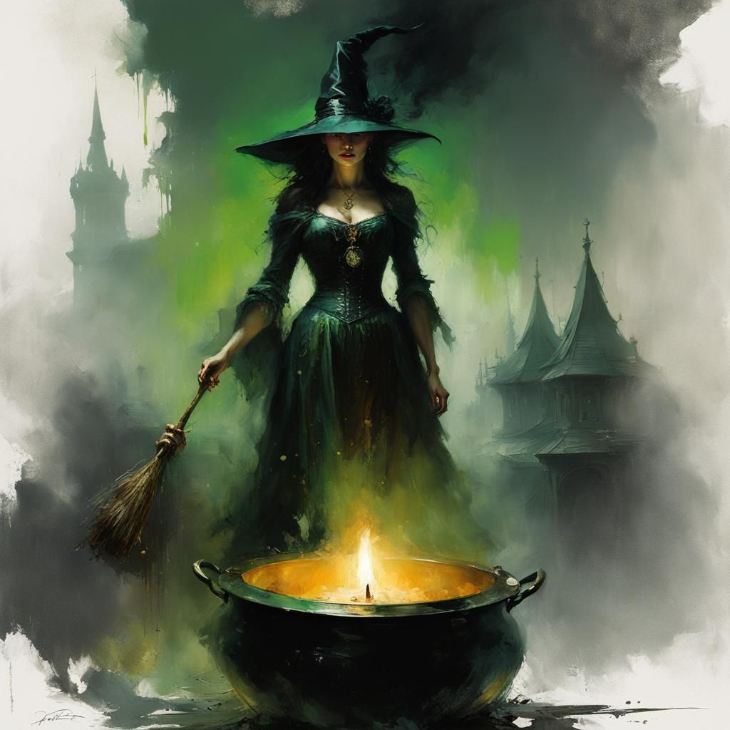 Mysterious Witch Over Cauldron in Dramatic Lighting